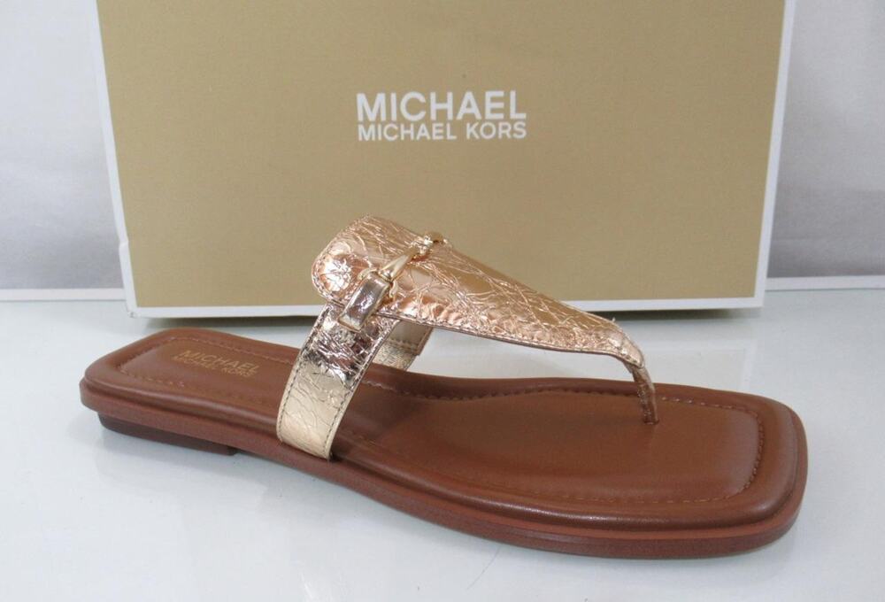 Michael Kors Lena Thong Square Toe Flat Sandal Metallic Leather Pale Gold